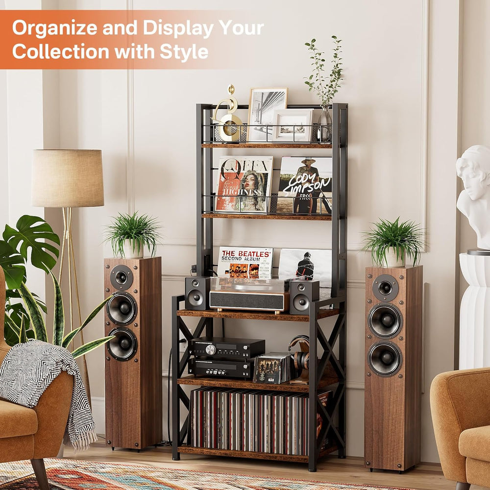Record Player Stand with Power Outlet - Turntable Display Shelf | 5-tier Viny...