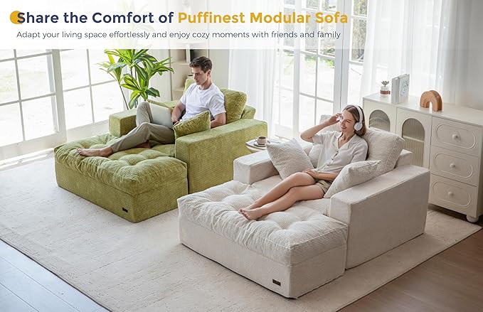 MAXYOYO Modular Sectional Chaise Lounge Sofa, Upholstered Lounge Chair with Ottoman, Comfy Couch with Layered Cushion, Tufted Upholstered Sleeper Chair for Living Room, No Assembly, Beige