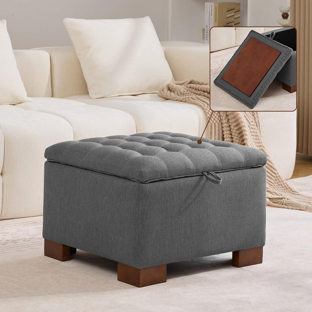 WUTUTUEE 24" Fabric Square Storage Ottoman with Wooden Tray, Modern Tuft...