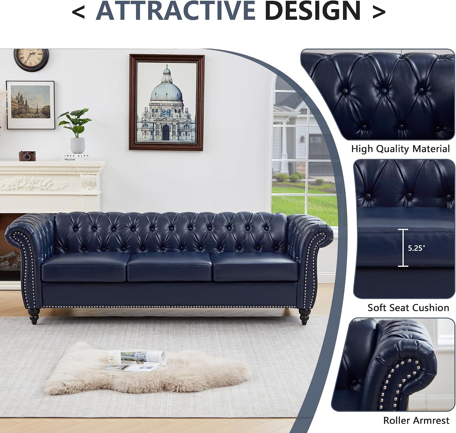 QHITTY 2 Piece Living Room Set, Chesterfield Sectional Sofa Chair Contemporary Upholstered Leather Loveseat Couch Sets for Living Room, Bedroom, Office (Blue)