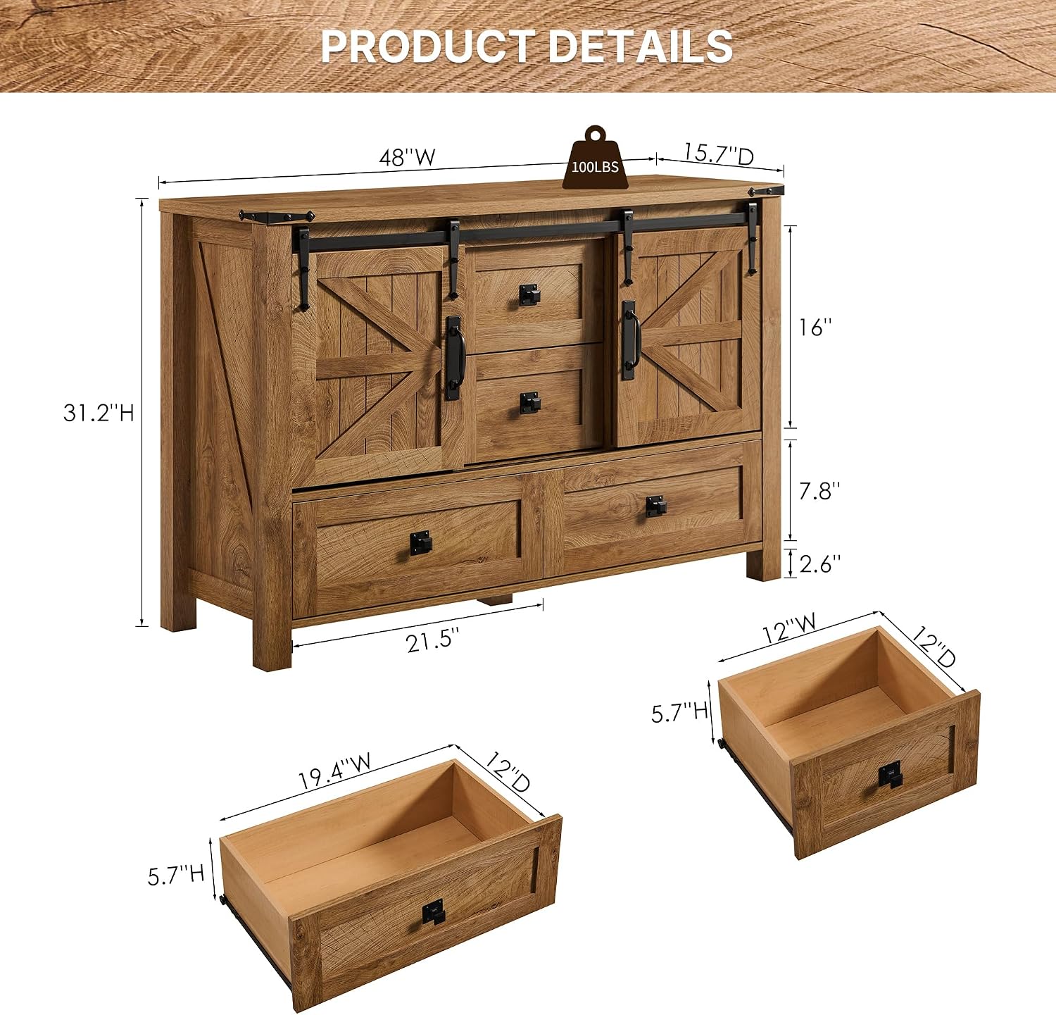 T4TREAM 48" Wide Farmhouse Sideboard Buffet Cabinet, Light Tree Knot | 31.2" Tall Kitchen Cabinet with Storage, 2 Sliding Barn Doors, 4 Drawers, Rustic Wood, Coffee Bar Table, Dining Room