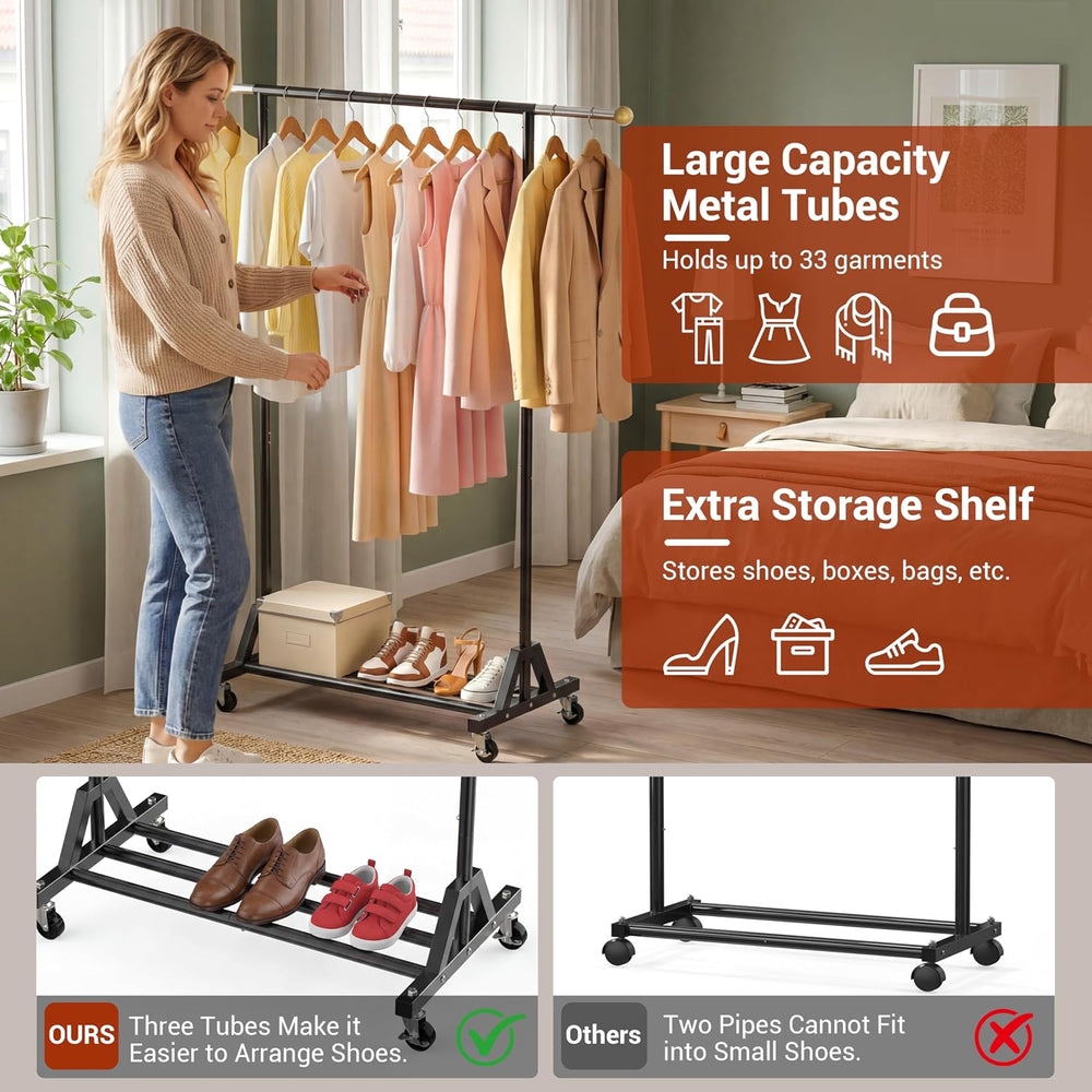 Rolling Garment Rack - Retractable Clothes Rack with Hanging Rods, Lockable W...
