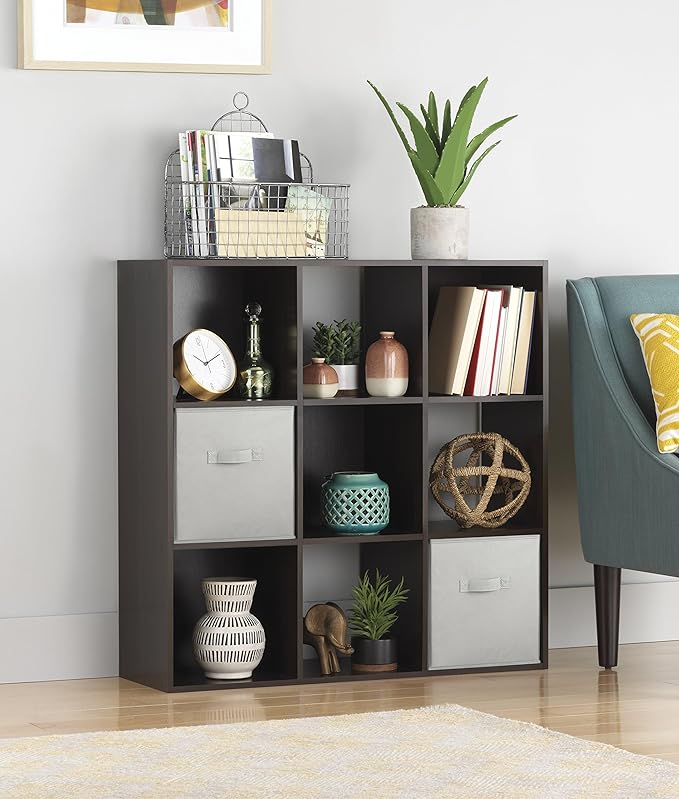 Whitmor 9 Cube Bookcase, 3 Tier Stackable MDF Bookself, Open Storage Display Organizer, Storage Cabinet for Living Room, Bedroom, Home, Office, 35.1" L x 11.7" W x 35.88" H, Black