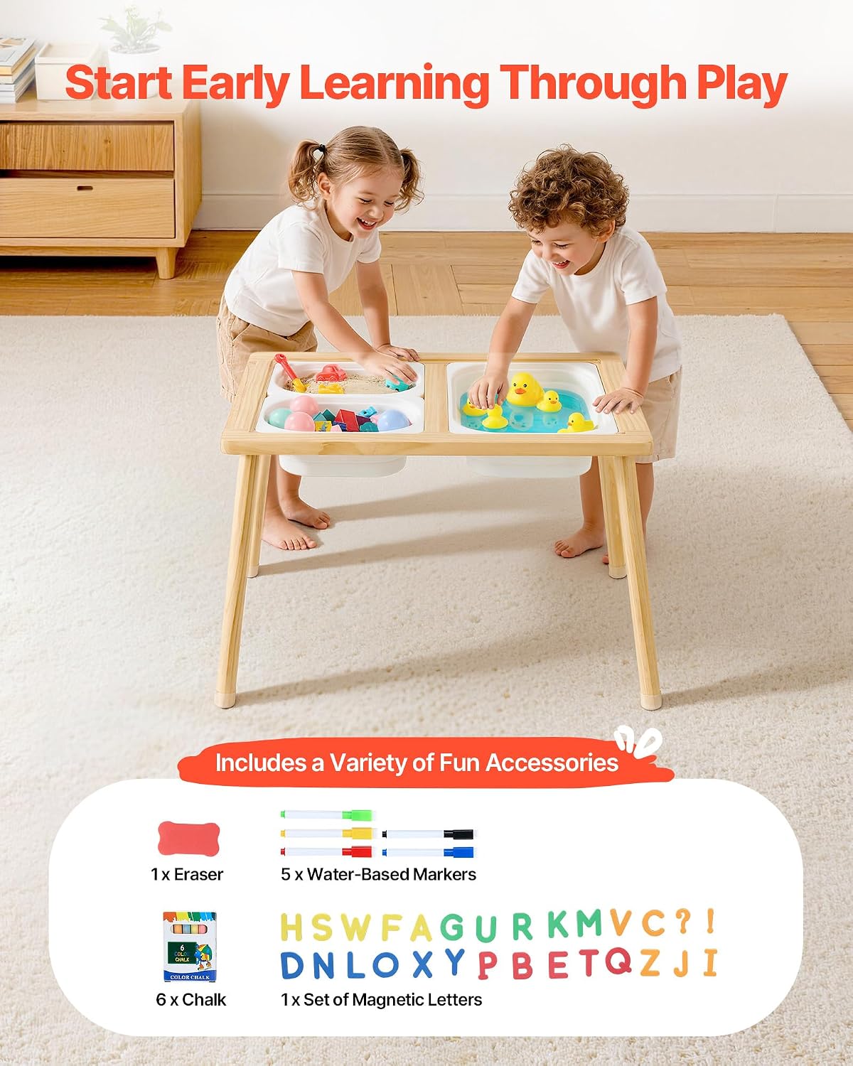 VEVOR Sensory Table for Toddlers, Wooden Kids Activity Table with Reversible Double-Sided Board, Storage Bins, and Non-Slip Feet, for Boys and Girls Playing Sand and Water, Drawing, Studying, Dining
