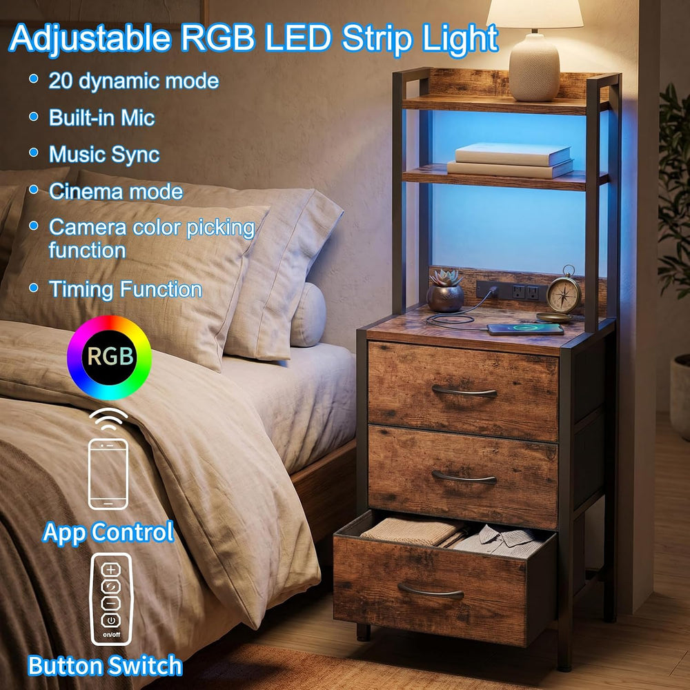 Fixwal 41 Inch Tall Nightstand with Charging Station, Led Night Stand with U-...