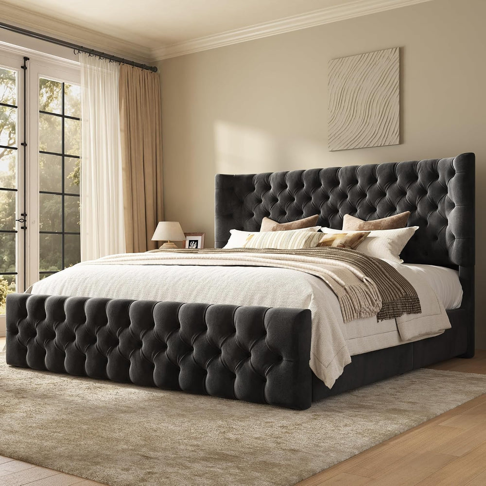AMERLIFE Upholstered Queen Bed Frame with Wingback Headboard, Black Velvet