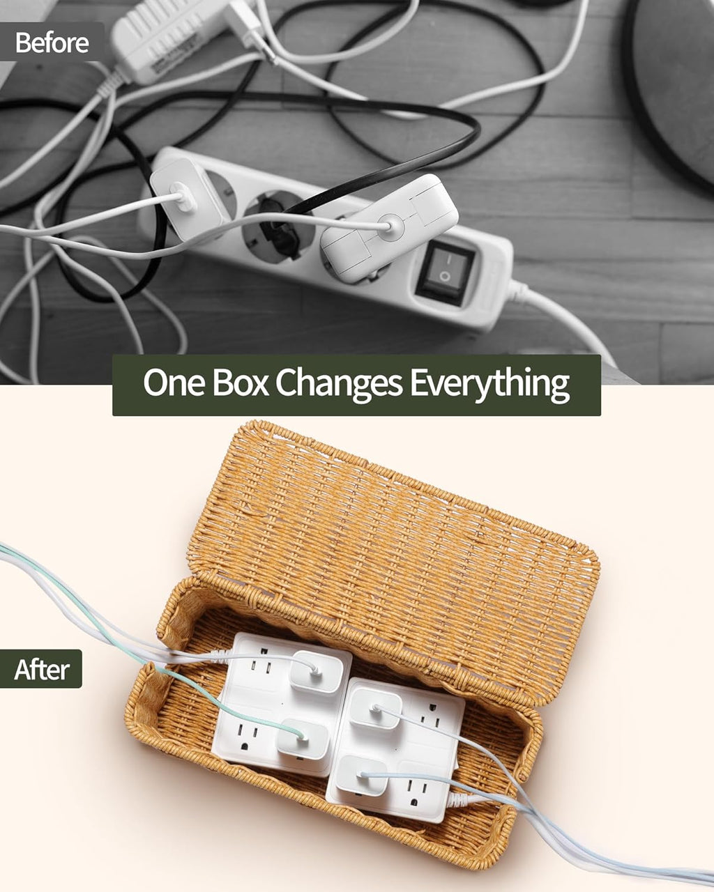 YECAYE Handwoven Rattan Style Cable Management Box, Decorative Storage Cord Organizer Box for Power Strips & Cords, Cord Hider for Home, Kids & Pet Safety, DIY-Friendly Cord Management