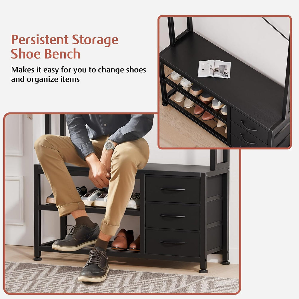 Hall Tree with Bench & 3 Drawers Storage 31.5" Coat Rack Entryway Or...