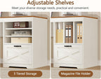 YOMILUVE Farmhouse 63" L Shaped Desk with Drawers and Storage Shelf, Home Office Desk with Power Outlets, Storage Cabinet, Corner Computer Desk with Long Monitor Stand, Brown and White