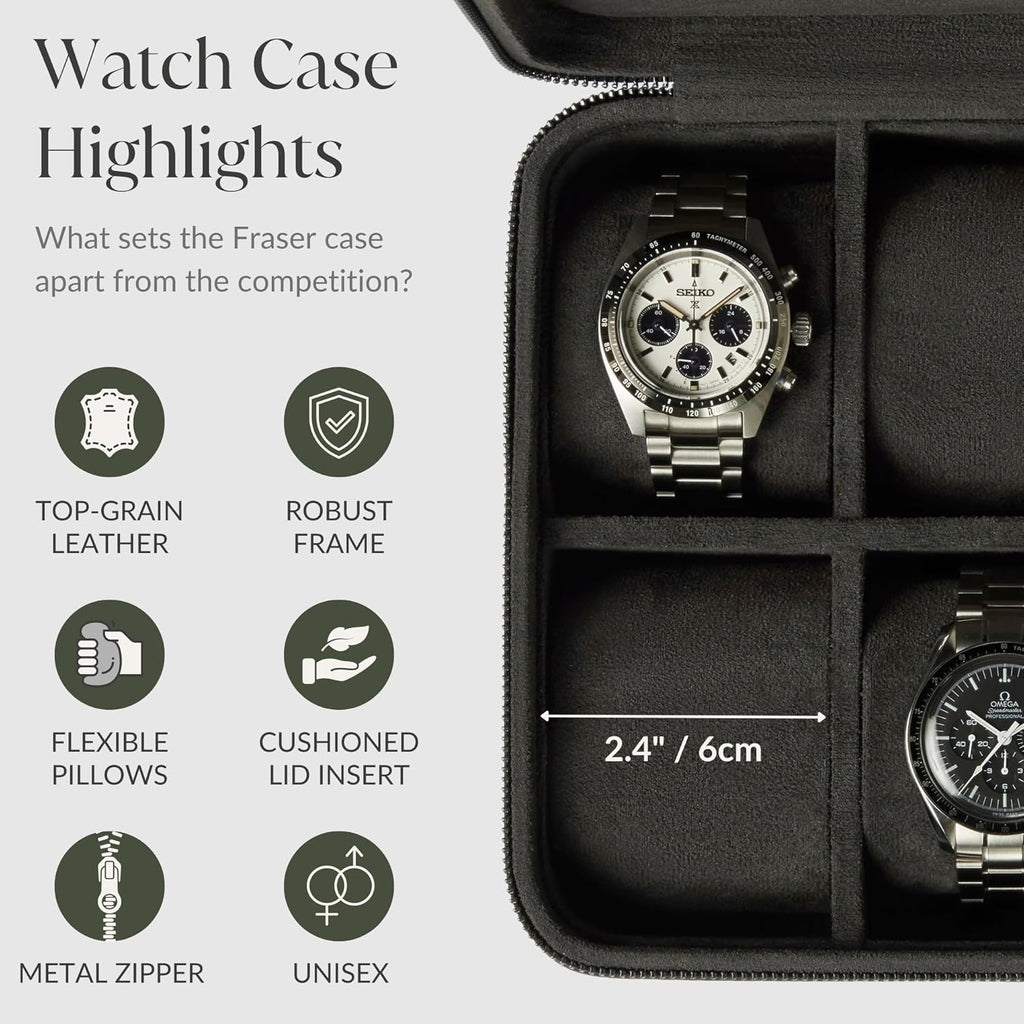 TAWBURY Watch Case - 4 Slot Genuine Top-Grain Leather Watch Box for Men & Women with Extra Wide Pillows for Large Watches - Portable Wristwatch Storage for Home & Travel (Black)