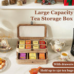 Tea Bag Organizer, Solid Wood 2 Layer Tea Box Organizer Storage, Christmas Gift Tea Bag Holder with Drawer Acrylic Window, Tea Organizer Caddy