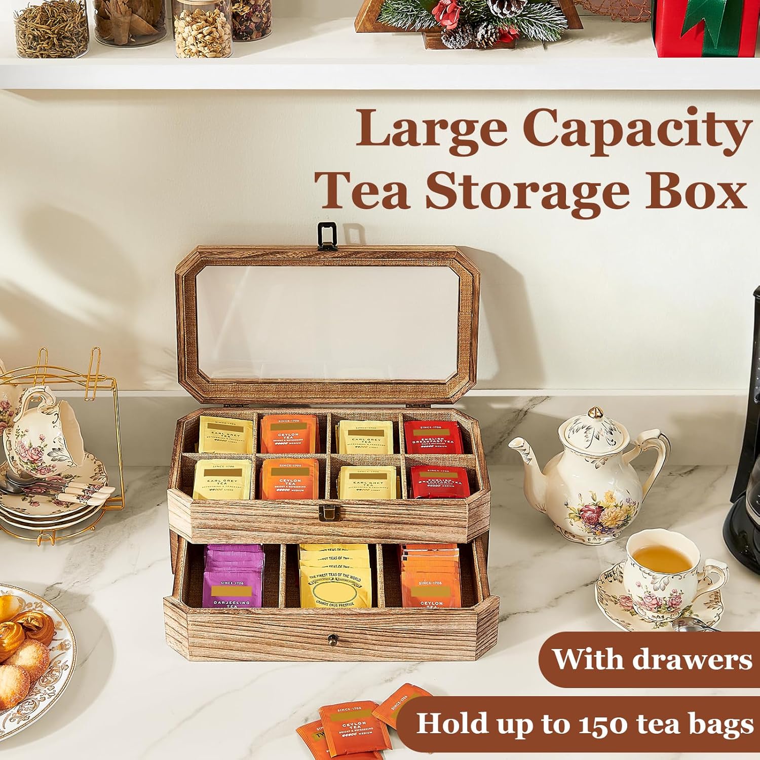 Tea Bag Organizer, Solid Wood 2 Layer Tea Box Organizer Storage, Christmas Gift Tea Bag Holder with Drawer Acrylic Window, Tea Organizer Caddy