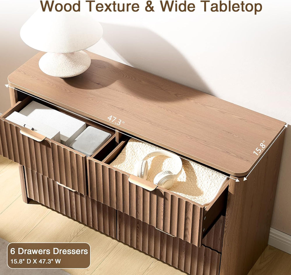 Fluted 6 Drawers Dresser for Bedroom-47.3" Wide Wooden Chest of Drawers ...