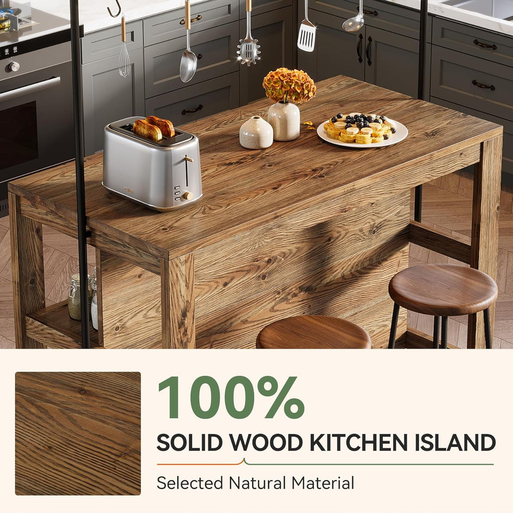 Solid Wood Kitchen Island with Storage, 47-Inch Farmhouse Stationary Island Table with Seating and 5 Hooks, Counter Height Bar Table for Kitchen, Dining Room, Rustic Brown