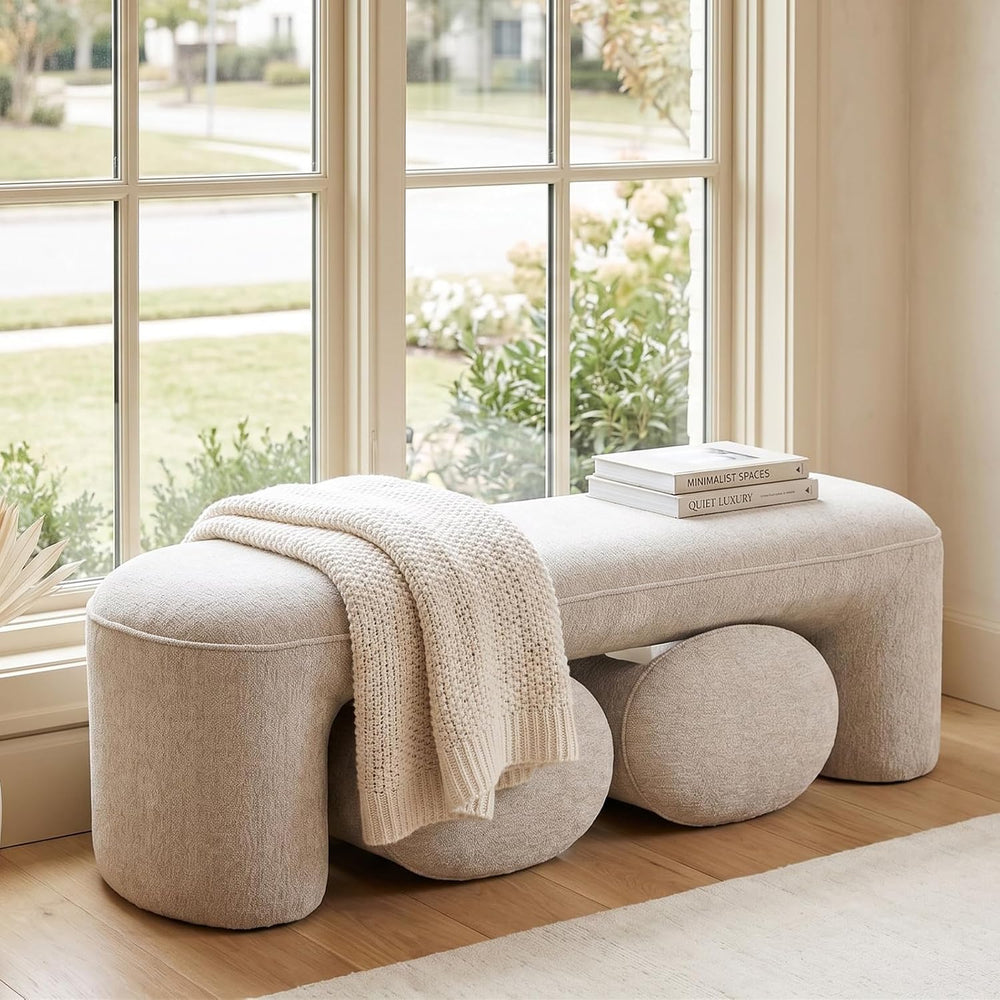53" Chenille Ottoman Bench with 2 Nesting Ottomans, Oatmeal | 3-Piece Sp...