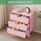 Fluted Nightstand, 24" Wide Side Table with 3 Large Storage Drawers, Mid Century Modern Wood Night Stand with Metal Handle, Wooden Bedside End Table for Bedroom, Living Room, Closet, Pink