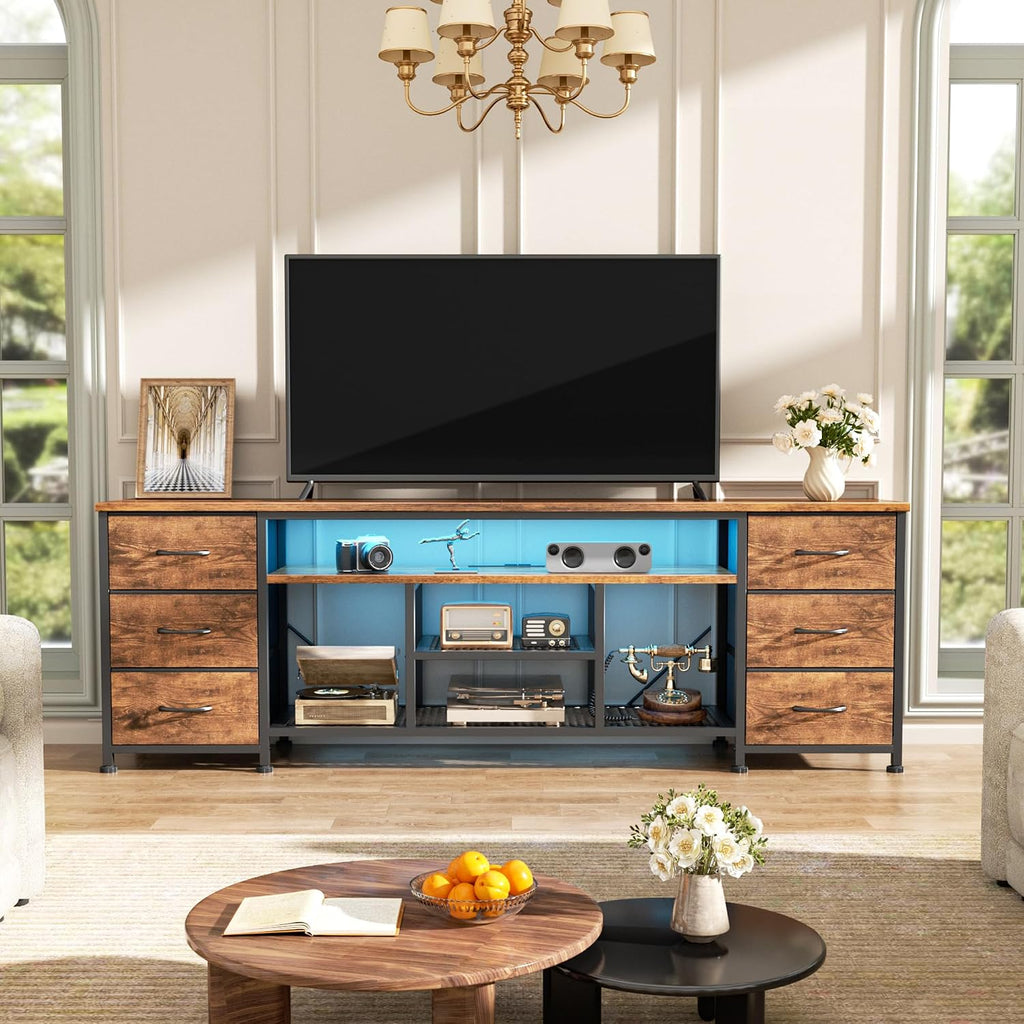 Furologee 63 Inch LED TV Stand, Entertainment Center, Rustic Brown | TV Stand for 65, 70 Inch TV, TV Console with Power Outlets & 6 Fabric Drawers, for Living Room, Bedroom