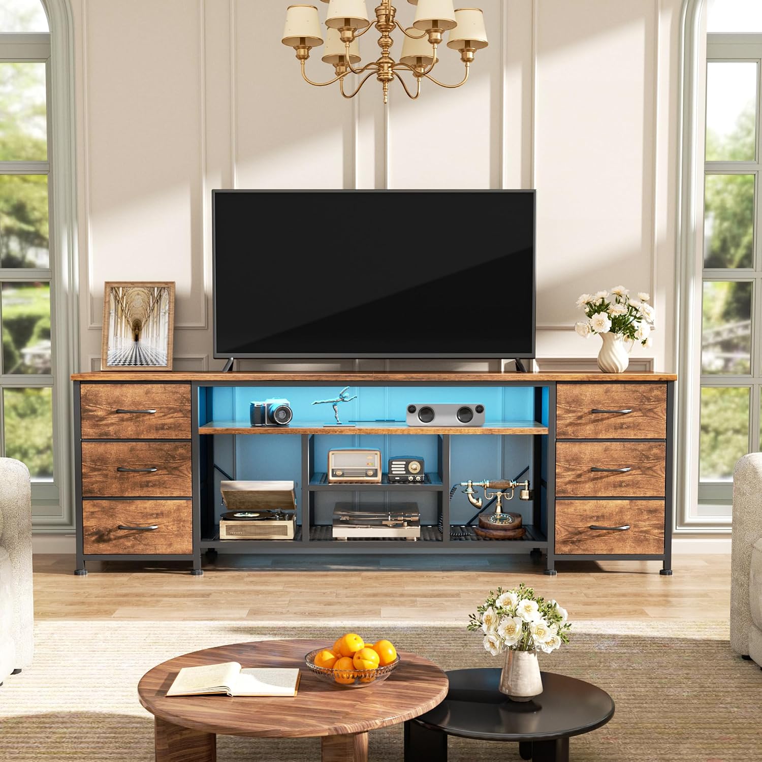 Furologee 63 Inch LED TV Stand, Entertainment Center, Rustic Brown | TV Stand for 65, 70 Inch TV, TV Console with Power Outlets & 6 Fabric Drawers, for Living Room, Bedroom