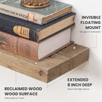 Solid Wood Floating Shelves, 8" Deep Rustic Reclaimed Barnwood Wall Hanging Floating Shelf with Invisible Heavy-Duty Metal Bracket | Wall Mounted | Farmhouse Style | 55 inches,1PC,Natural