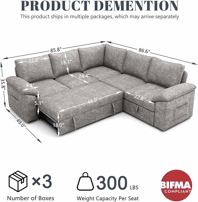 85 Inch Modular Sectional Sofa with Pull Out Bed, L Shaped 5 Seat Sectional Sleeper Sofa with Storage, Sectional Couches for Living Room, Cloud Modular Couch,Removable Sofa Cover,Light Grey