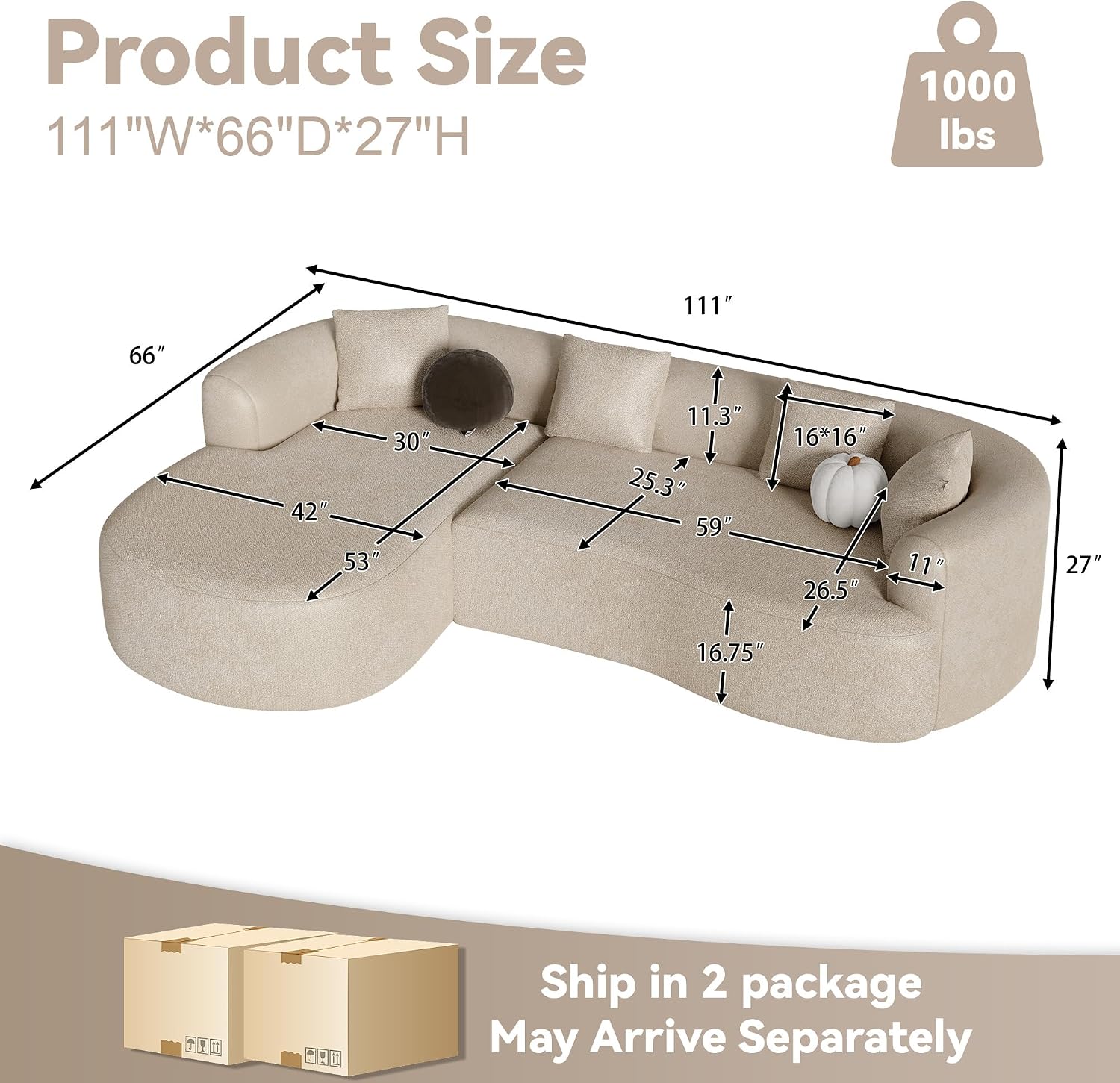 ONEMMLION 111" Oversized Boneless L-Shaped Sectional Sofa, Light Brown | Luxury modern curved cloud couch for Living Room with extra-deep seat,left-facing chaise,no assembly required