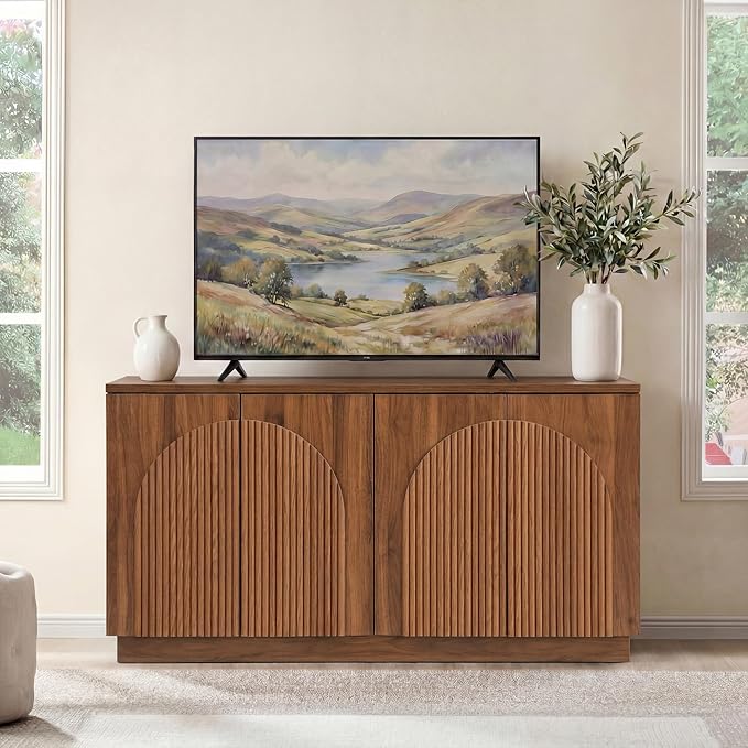 Yechen Fluted Walnut TV Stand with Arched Reeded Design Doors, Modern Entertainment Center with Storage for Up to 65 Inch, TV Media Console, TV Cabinet for Living Room, Bedroom(1 PCS)