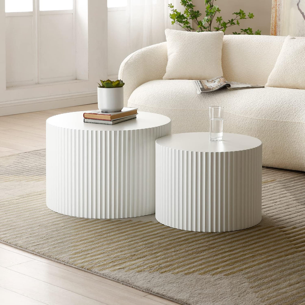 42.52'' White Round Nesting Coffee Table Set of 2 Modern Drum Side En...