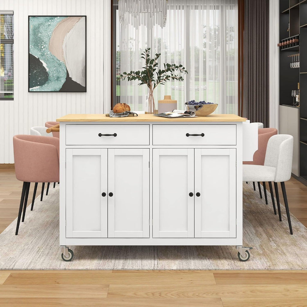 LUMISOL Rolling Kitchen Island on Locking Wheels with 2 Drawers and 4 Cabinets, Kitchen Island Cart with Adjustable Shelves, Solid Wood Tabletop, Storage Cabinet with Spice & Towel Rack, White