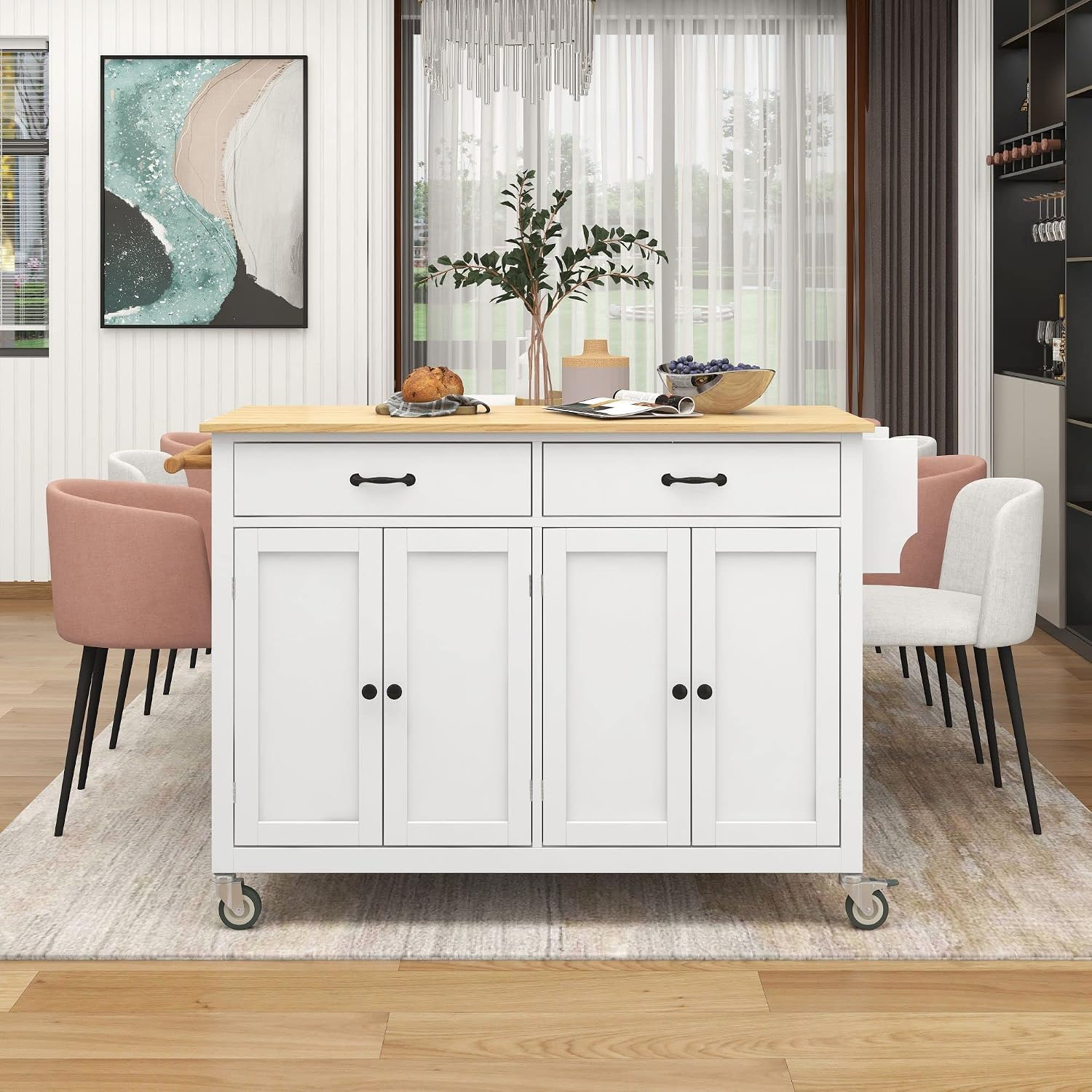 LUMISOL Rolling Kitchen Island on Locking Wheels with 2 Drawers and 4 Cabinets, Kitchen Island Cart with Adjustable Shelves, Solid Wood Tabletop, Storage Cabinet with Spice & Towel Rack, White