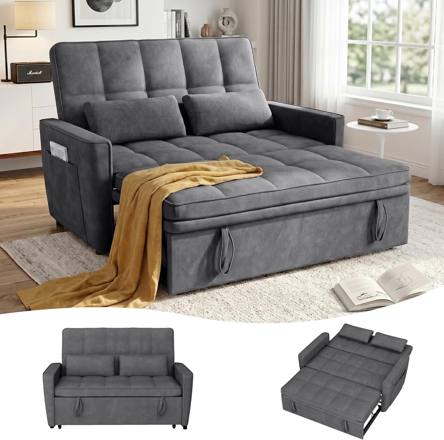 54'' Sleeper Sofa Bed, Convertible Pull Out Couch Futon for for Living Room,Apartment (Darkgrey, Loveseat) Side Pockets, Velvet Fabric, Adjustable Backrest, Pull-Out Bed, Easy Assembly