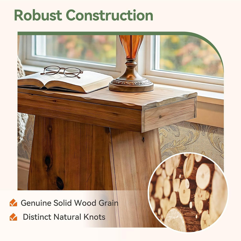 Solid End Table, 23.6" Wood Side Table with Trapezoid Base for Small Spa...
