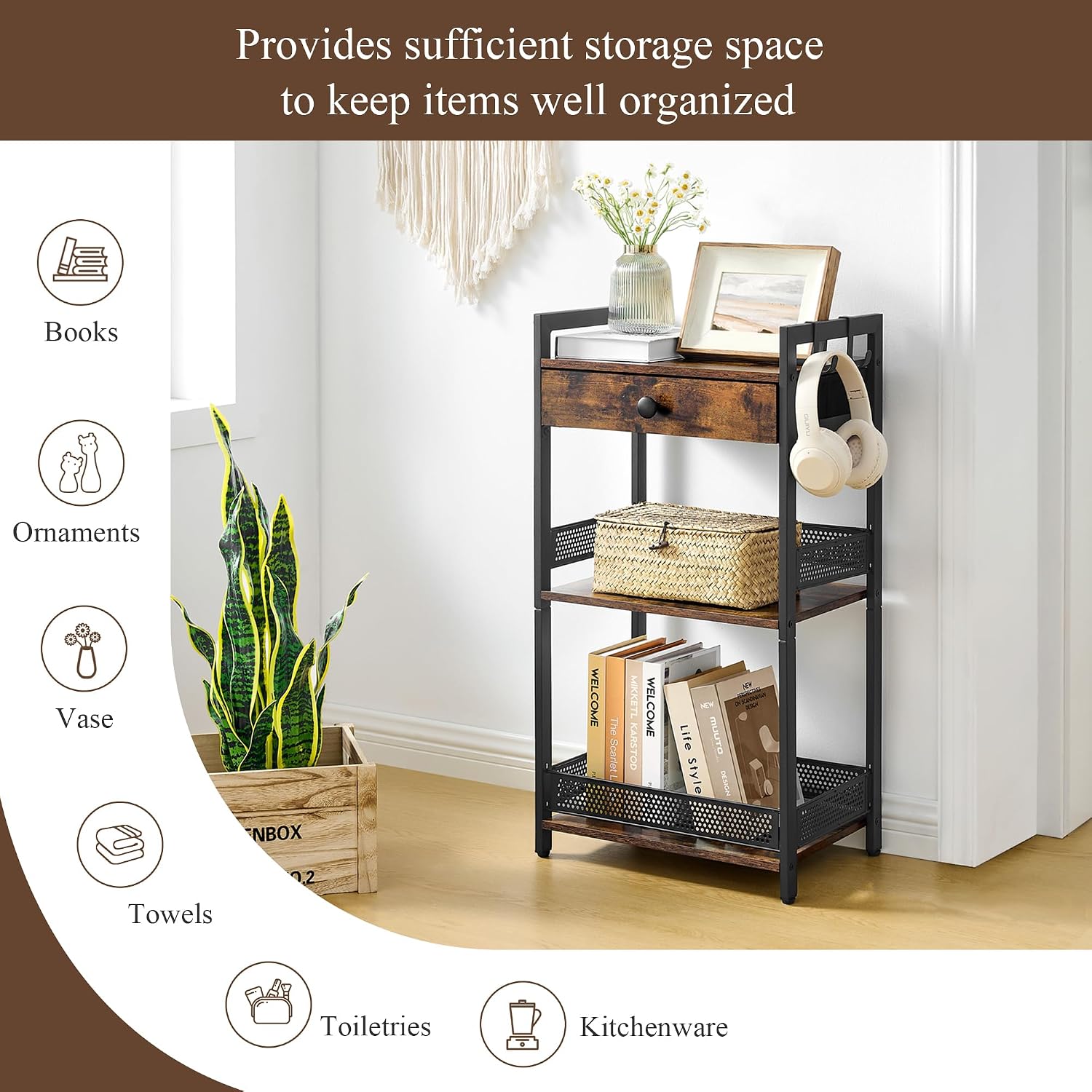 FAVOOSTY Bathroom Ladder Shelf, 3-Tier Bathroom Floor Storage Shelf with Drawer, Freestanding Towel Shelf, Bookcase End Table Open Shelving Unit for Living Room,Balcony, Rustic Brown
