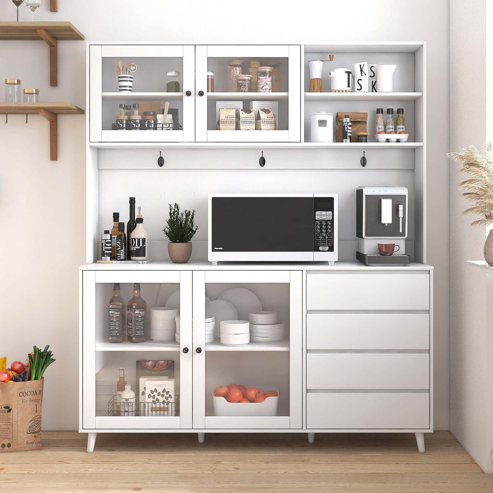 63'' Kitchen Pantry Cabinets with Microwave Shelf, Freestanding Pantr...