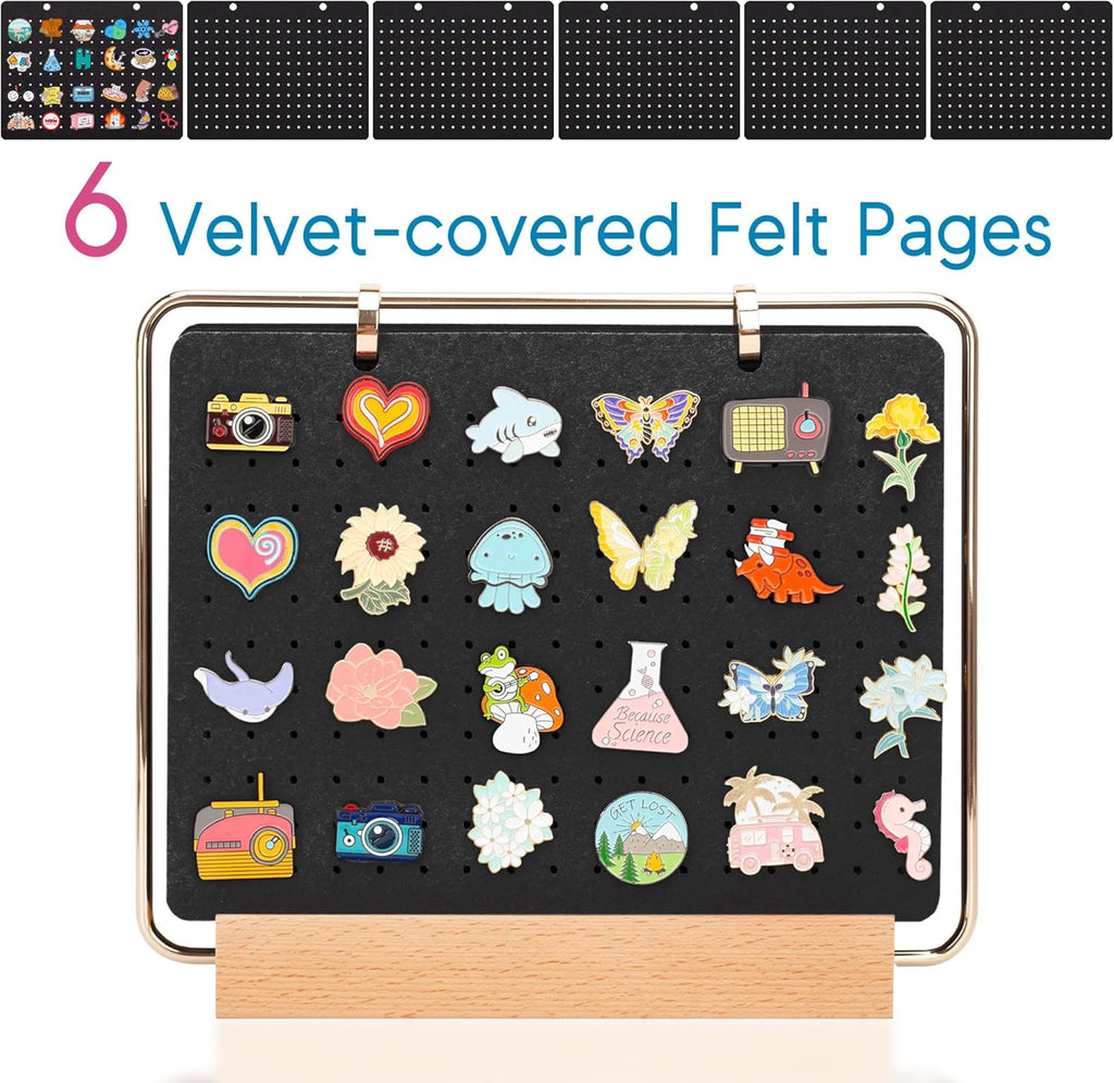 Pacmaxi Pin Display Organizers, Brooch Pin Holder, Enamel Pin Display Pages for Store 180+ Pins, Pin Collection Storage Calendar Wooden Stand with 6 Pages (Not Include Any Accessories) (Color)