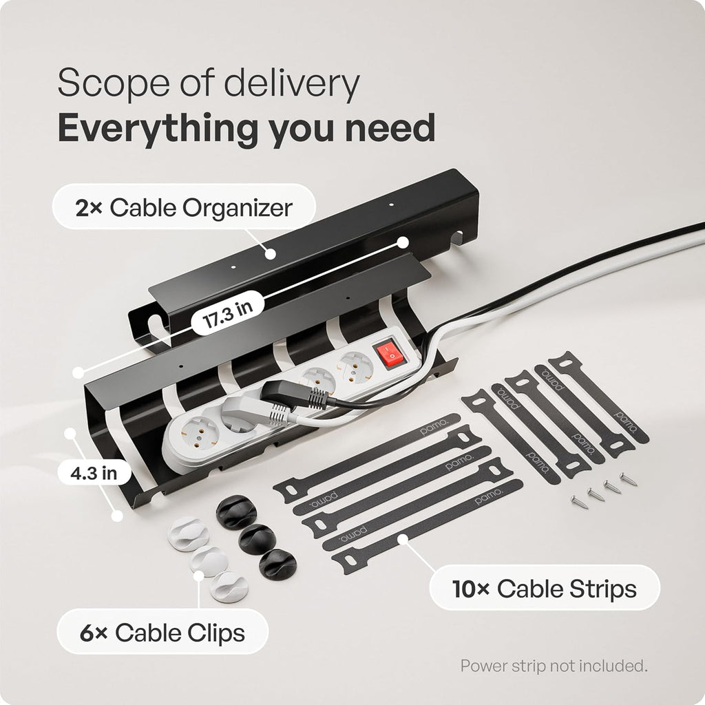 PAMO Cable Management Under Desk for Easy mounting Under-Table I Set of 2 - with 10X Cable Ties I Desk Organizer for Office/Home Office Table Thoughtful Cable Tray Holder