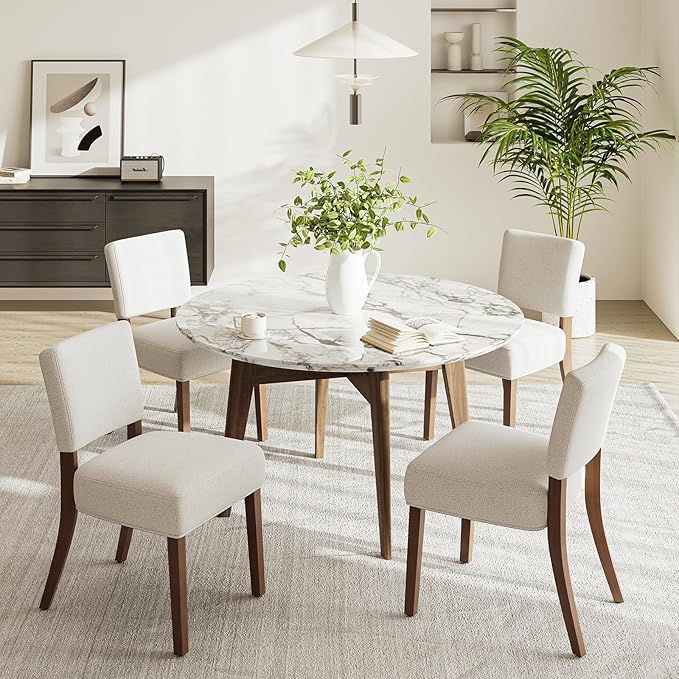 COLAMY Mid Century Modern Dining Chairs Set of 4, Upholstered Kitchen Chairs with Open Back, Fabric Side Dining Room Chairs with Wood Legs for Dining Room Kitchen Restaurant, Beige