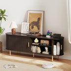 DHH 63 Inch Mid Century Modern TV Stand with Power Outlet for TVs up to 70 Inch, Entertainment Center with Storage and Adjustable Shelves, Media Console with Sliding Doors for Living Room(Brown)