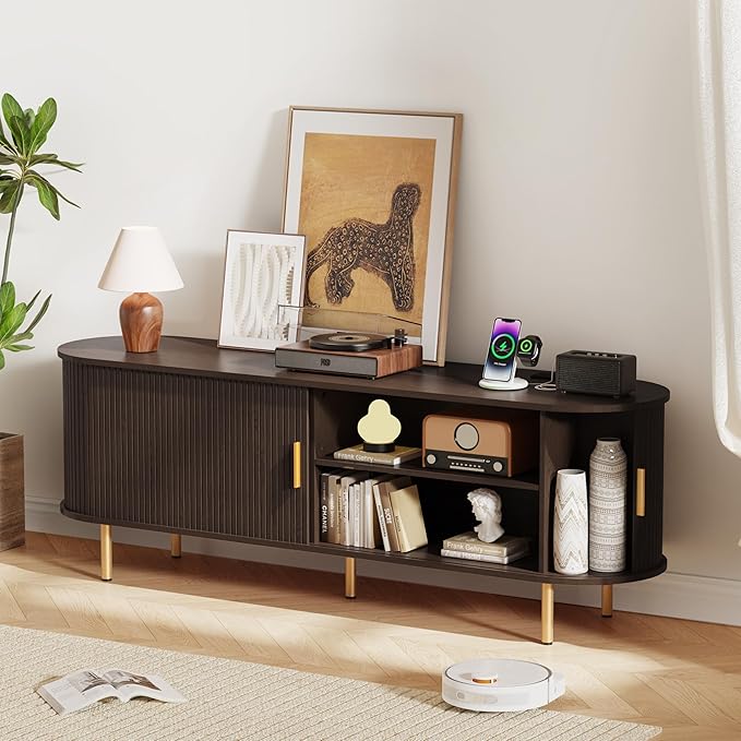 DHH 63 Inch Mid Century Modern TV Stand with Power Outlet for TVs up to 70 Inch, Entertainment Center with Storage and Adjustable Shelves, Media Console with Sliding Doors for Living Room(Brown)