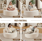 50'' Oversized Round Chaise Longue Chair, Upholstered Corduroy Single Cloud Circle Sofa Chair Comfy Deep Seat Boneless Couch Bed No Assembly Required for Living Room, Bedroom Apartment, Beige
