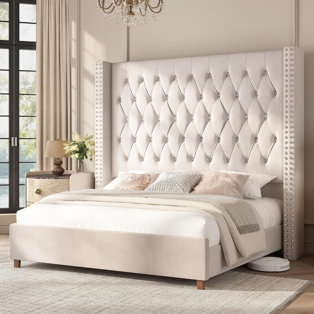 PaPaJet Queen Bed Frame 61.4" Tall Upholstered Wingback Headboard, Cream
