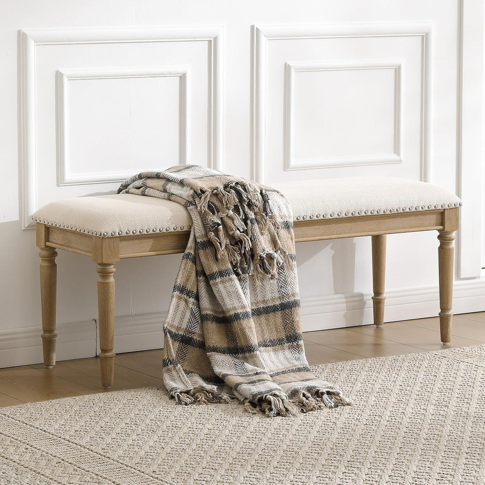 46'' French Country Entryway Bench Wooden Linen Fabric Upholstered Se...