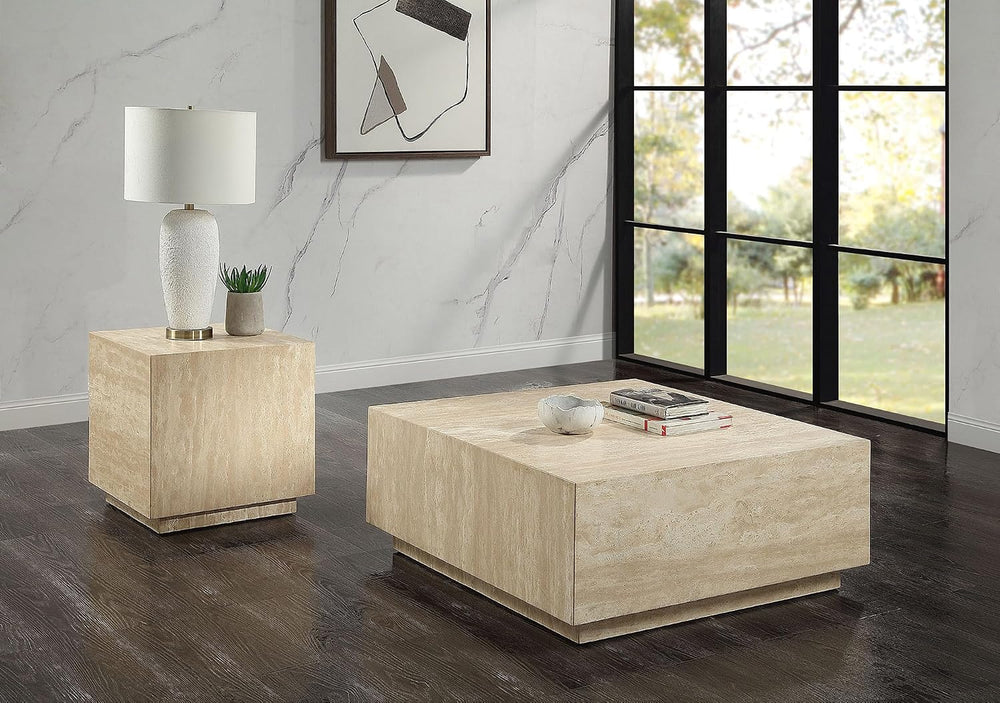 Acme Deon Contemporary Plywood and Travertine Square End Table in Natural Beige