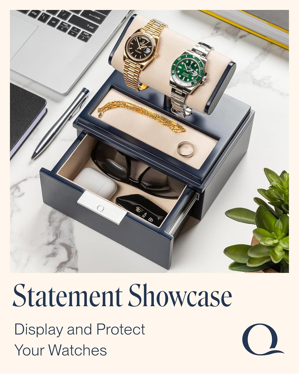 QWATCH Watch Stand Display Case - Acrylic Watch Box for 2 or 4 Watches with Jewelry Valet Tray and Drawer