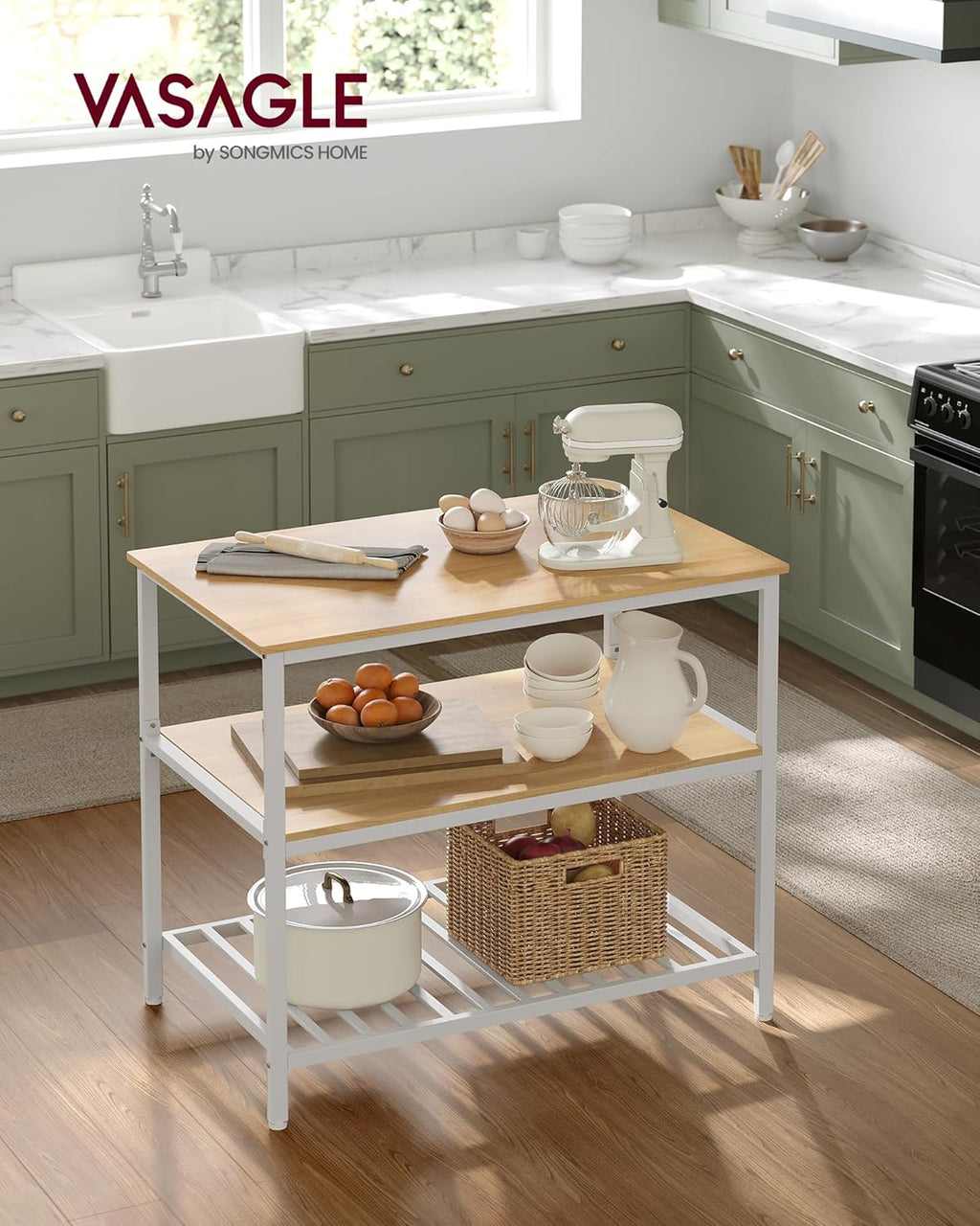 VASAGLE Kitchen Island with 3 Shelves, 39.4 Inches Width Kitchen Shelf with Large Worktop, Stable Steel Structure, Industrial, Easy to Assemble, Oak Color and White UKKI005W09