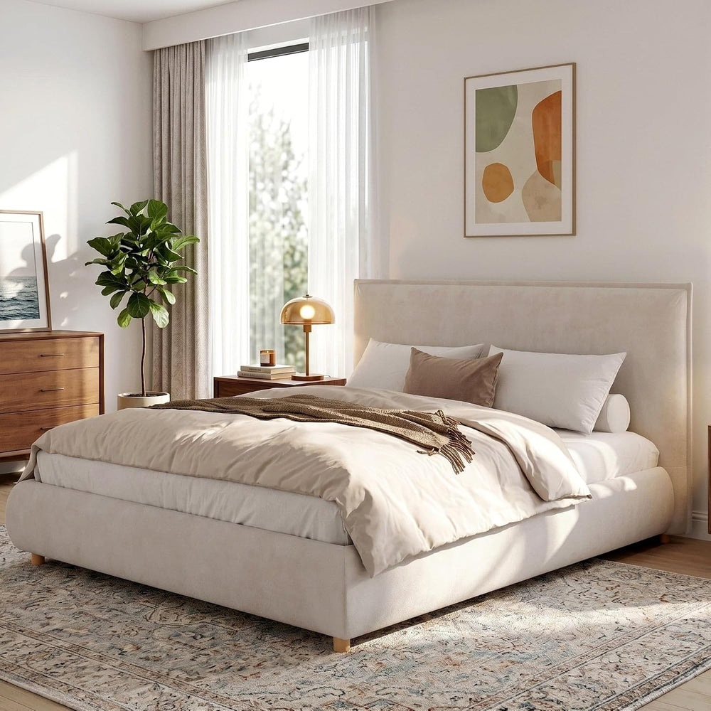 Merax King Size Upholstered Platform Bed Frame and Thick Padded Headboard