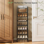 Nunsino Narrow Shoe Rack, 8-Tier Metal Shoe Organizer,Tall Shoe Shelf with Anti-Tip Strap, Max Holds 18 Pairs,Space Saving for Closet,Entryway,Black