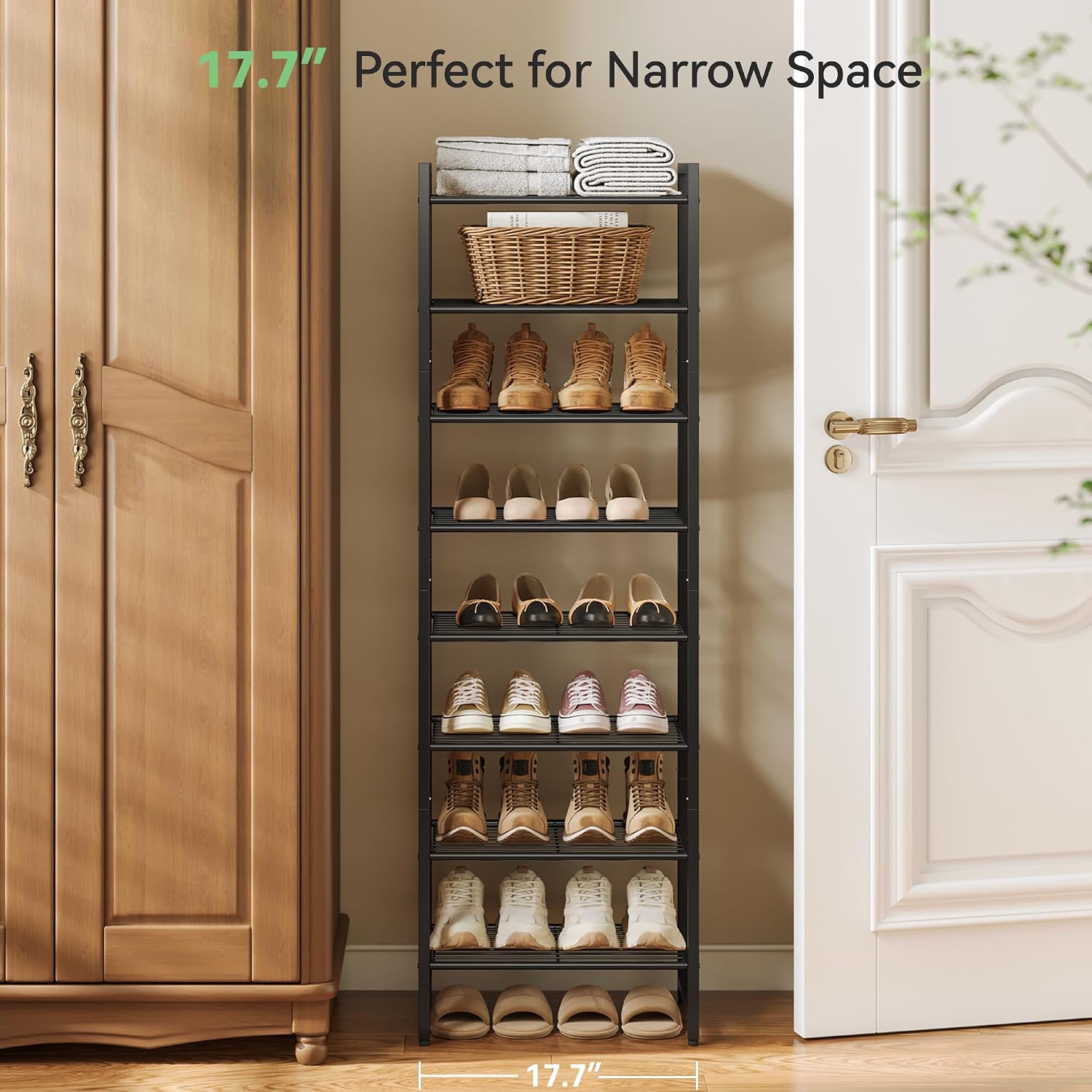 Nunsino Narrow Shoe Rack, 8-Tier Metal Shoe Organizer,Tall Shoe Shelf with Anti-Tip Strap, Max Holds 18 Pairs,Space Saving for Closet,Entryway,Black