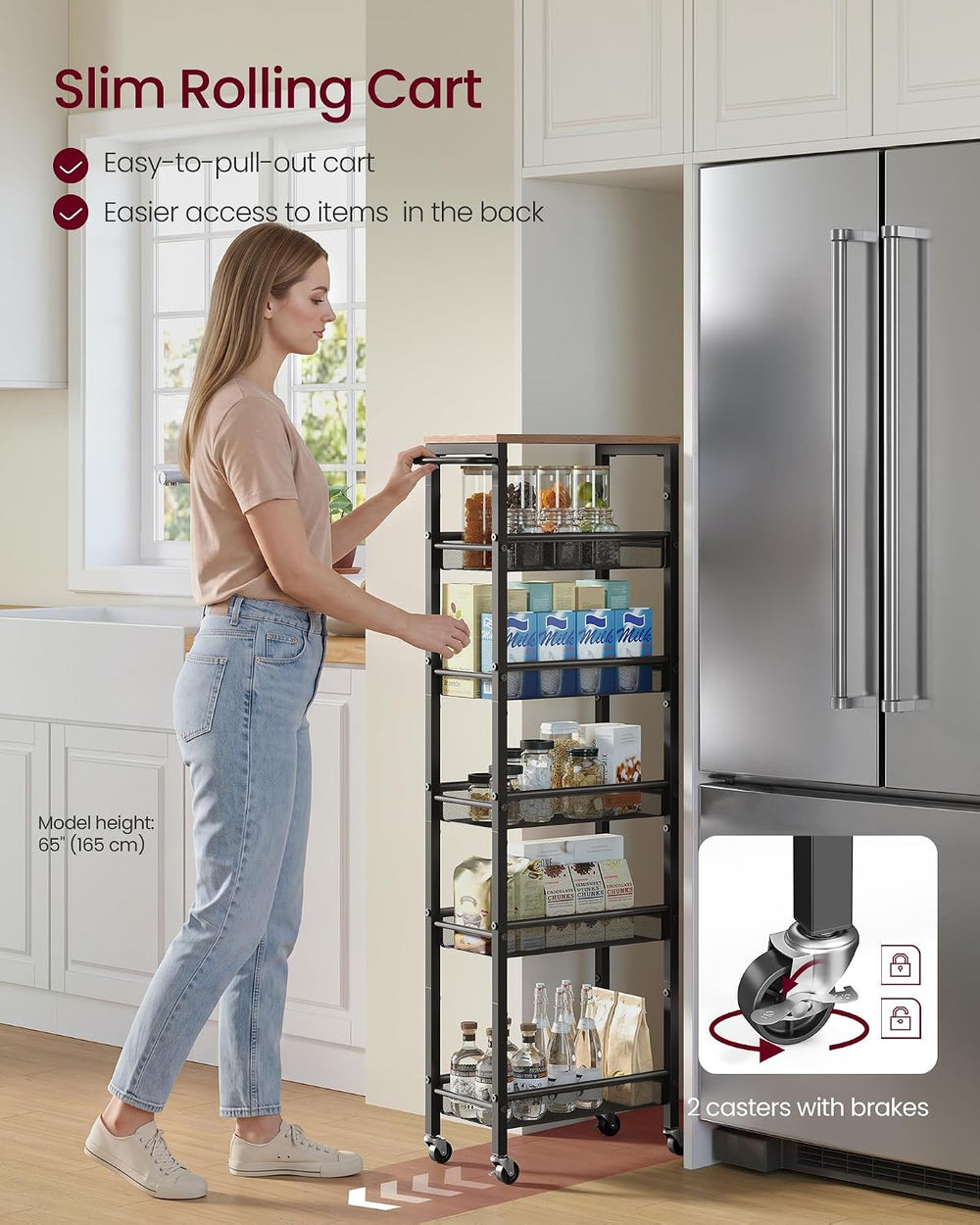 VASAGLE 6-Tier Slim Rolling Storage Cart, Narrow Kitchen Cart with Wheels, Ut...