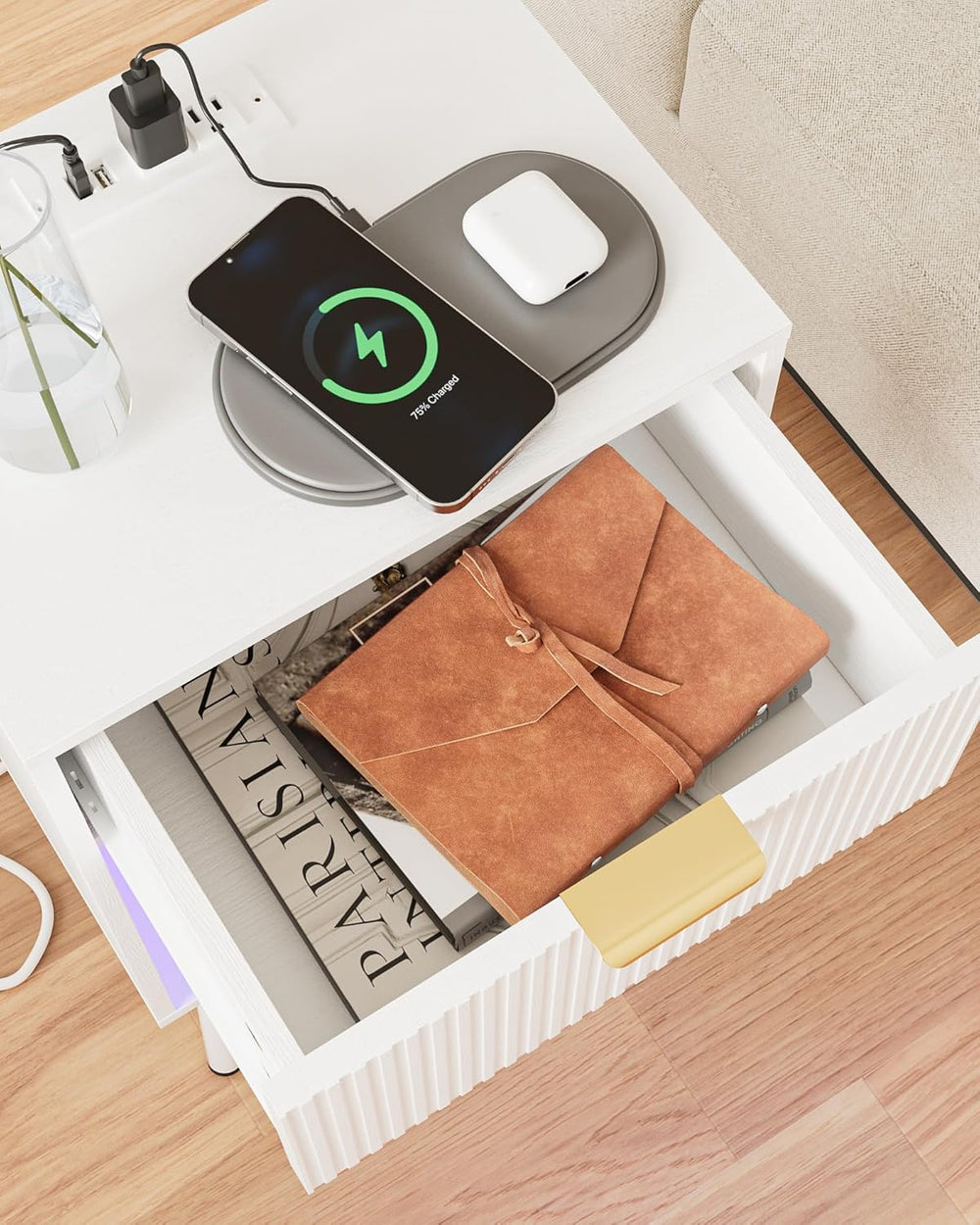 White Fluted Nightstand with Charging Station, Modern Bedside Table with Stor...