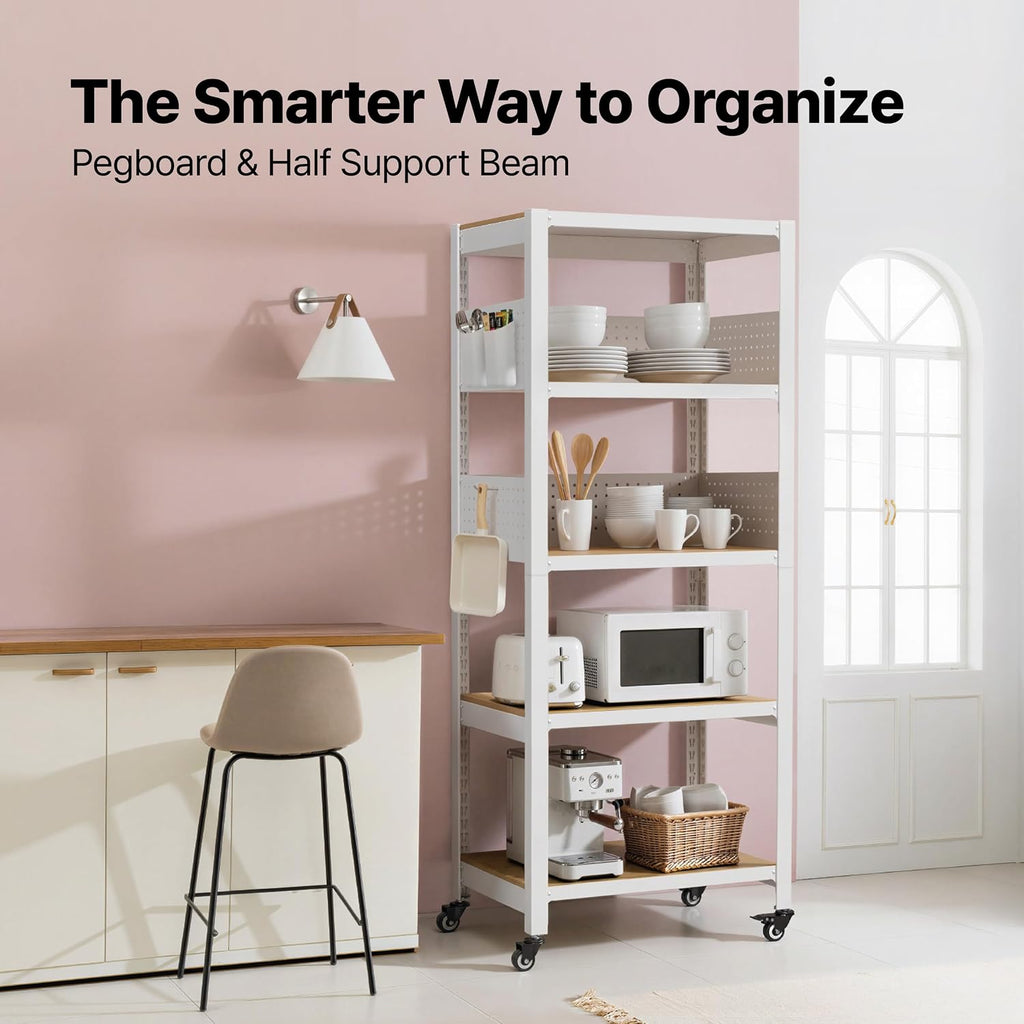House White 32" W 5 Tier Rolling Pegboard Storage Cart Wheels | Rolling utility cart with lockable wheels and pegboards for kitchen, laundry, pantry and garage storage